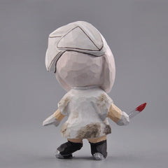 Bubble head nurse wooden figurine back view on gray background