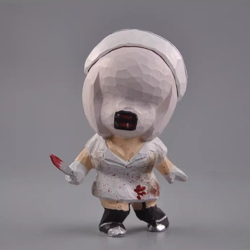 Bubble head nurse wooden figurine front view on gray background