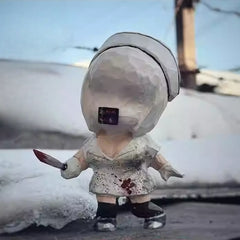Bubble head nurse wooden figurine standing outdoors