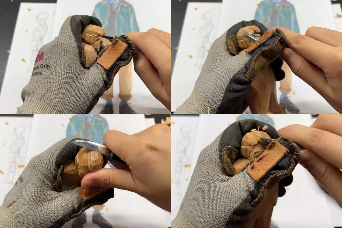 Step-by-step shots of carving the figure’s hairstyle, showing thinning, shaping, and adjusting the hair height.