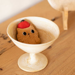 Cat fruit on head wooden fridge magnet styled scene