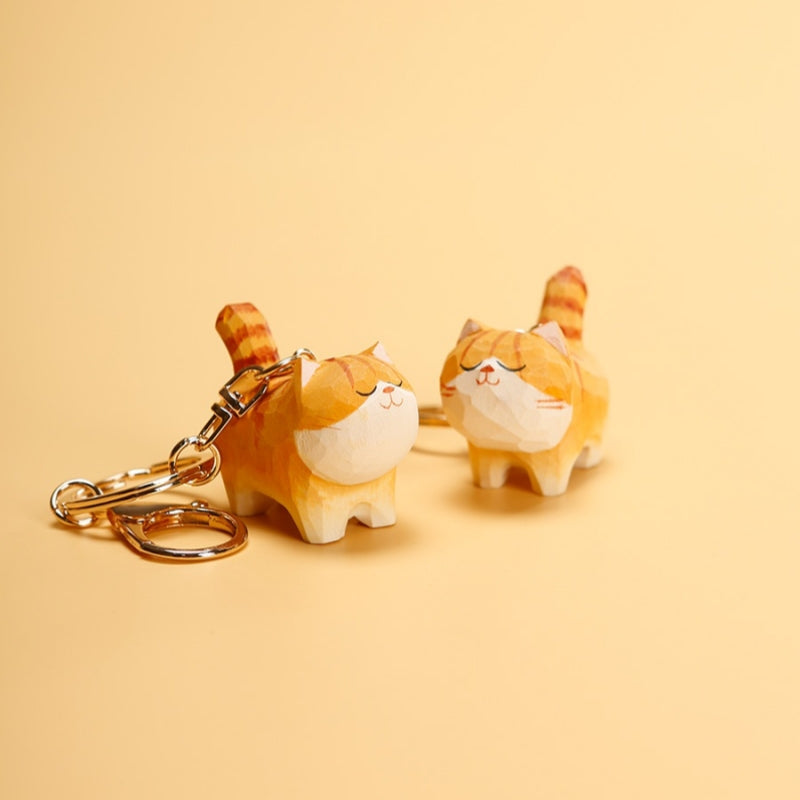 Chubby orange cat keychain, hand-carved wooden cat charm with gold ring