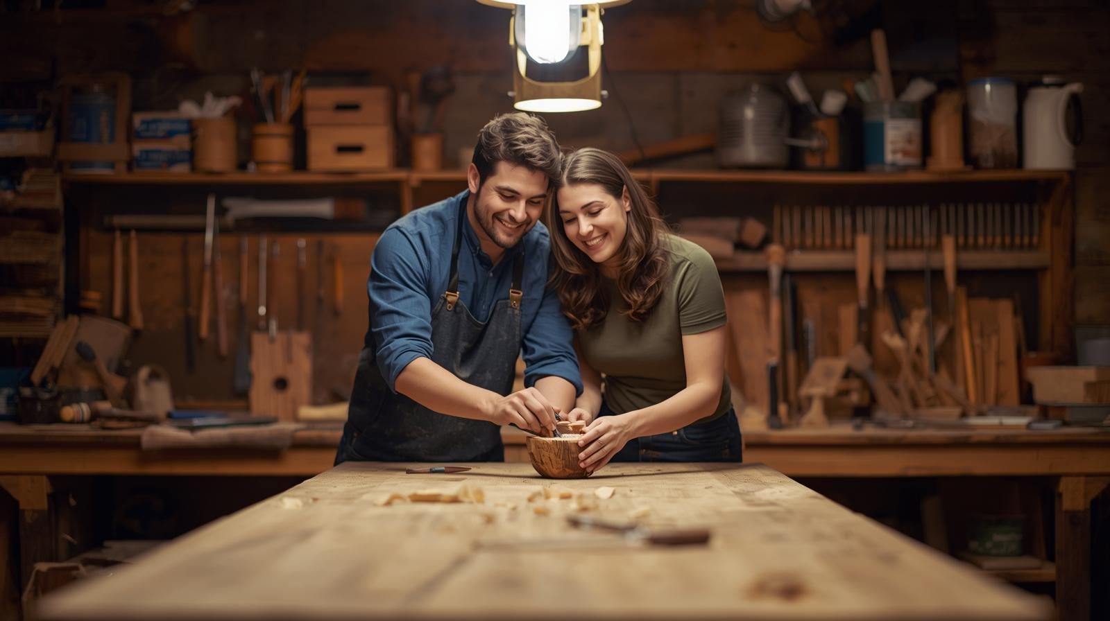 Couple carving wooden bowl in workshop