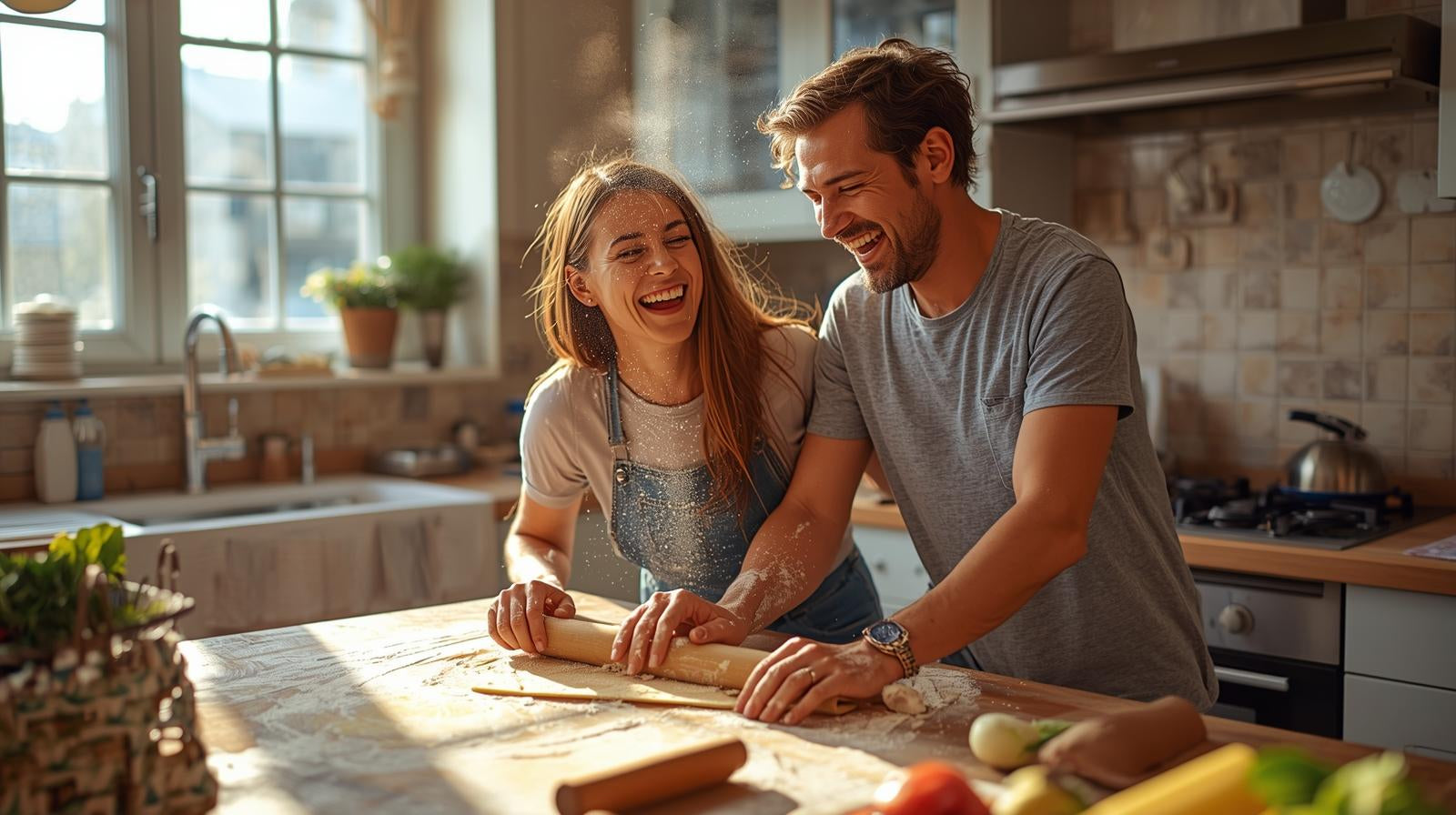 Couple laughing in cooking class.