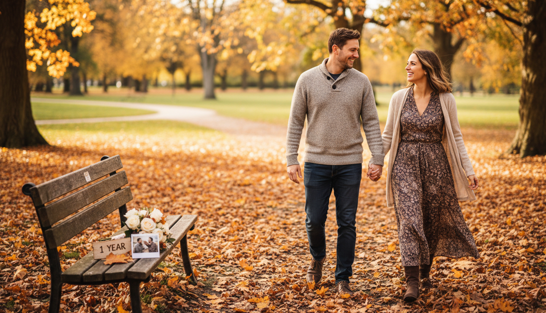 Couple walking in autumn park.