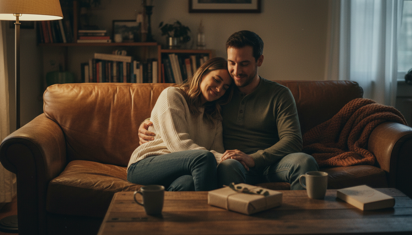 Cozy couple sharing one-year anniversary gift.
