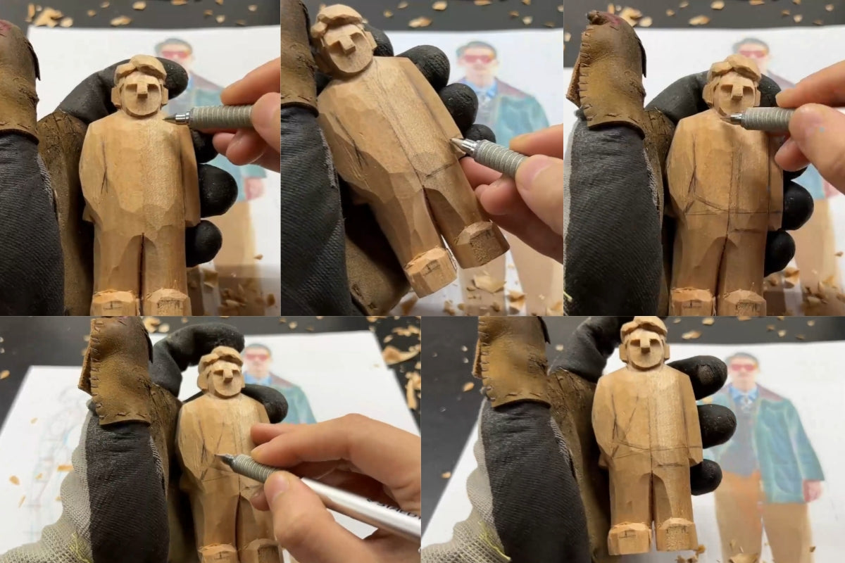 Drawing separation lines for the arms and torso on a wooden figure, essential step in crafting Svn Futures  gifts.