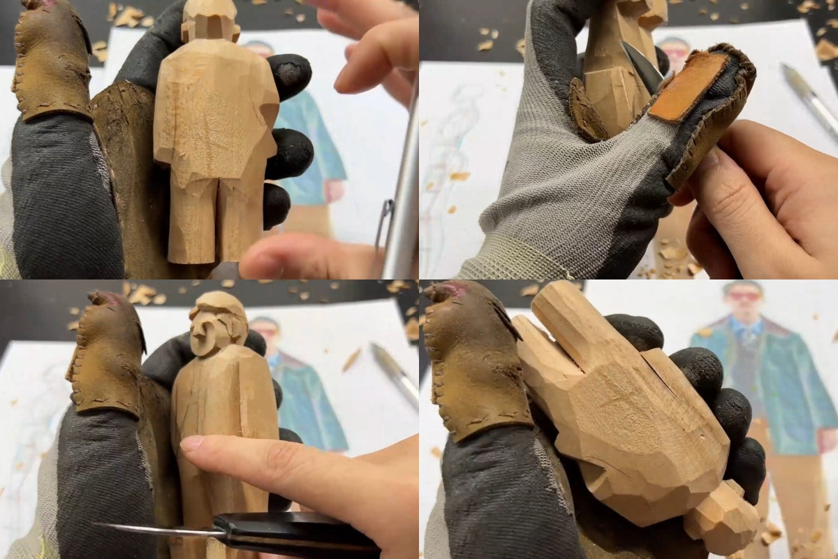 Carving the back and defining body segments of the wooden figure using precise knife cuts.