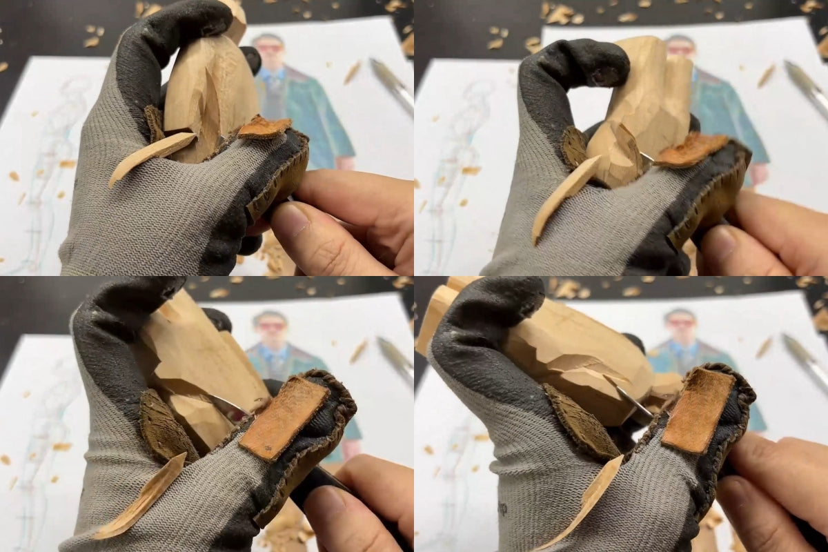 Trimming excess wood to align the torso and legs on the same plane of the wooden figure.