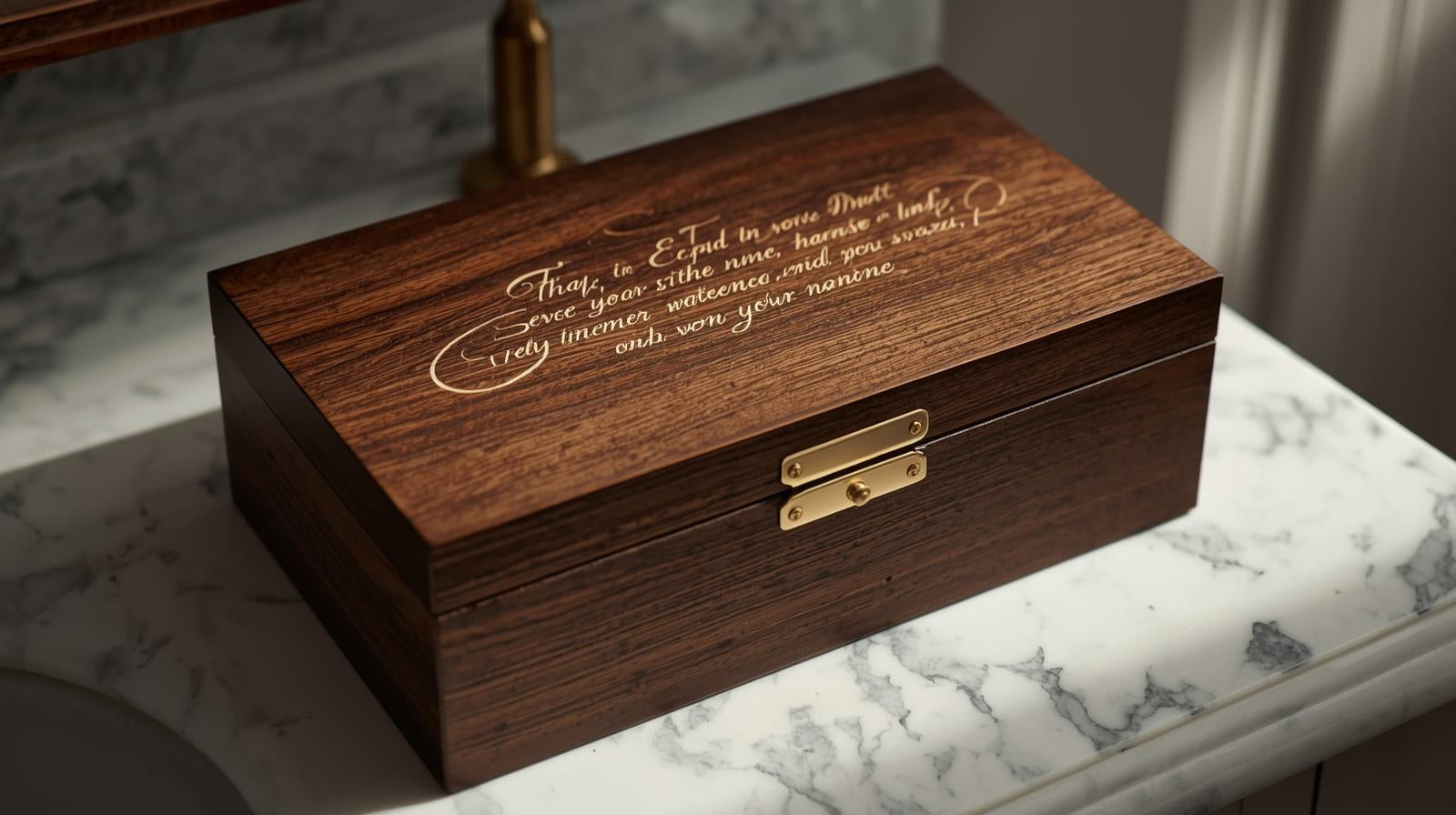 Engraved walnut jewelry box on marble.