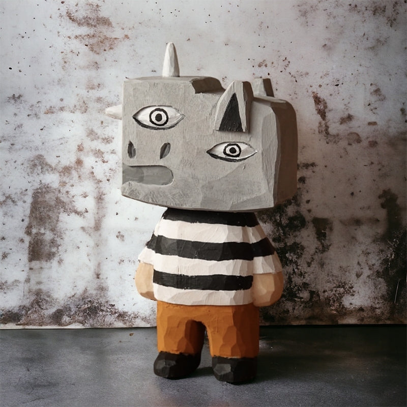 Hand-carved wooden abstract monster figure inspired by Guernica, standing against a textured wall.