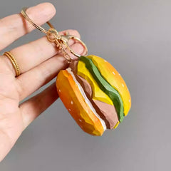 wooden hamburger keychain showing layered side detail