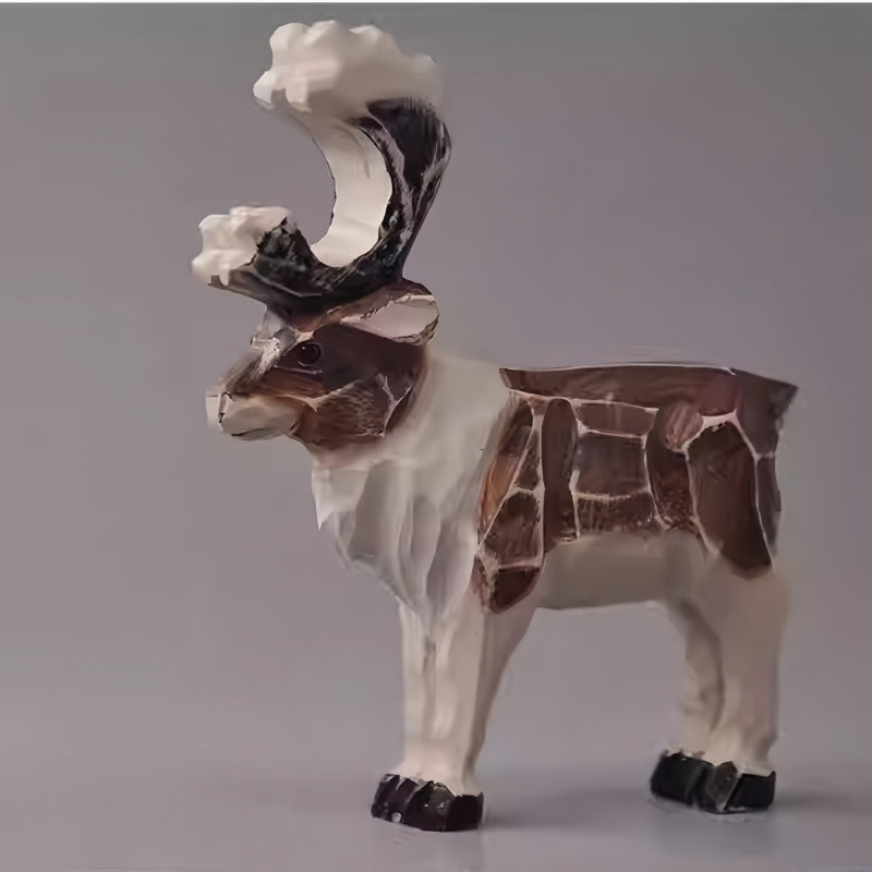 Hand-carved vintage reindeer figurine with detailed wooden texture, rustic Christmas holiday decor.