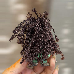 Back view of wooden doll keychain highlighting curly cotton yarn hair attached to hand-carved wood figure