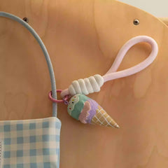 Ice cream wooden keychain with pink strap