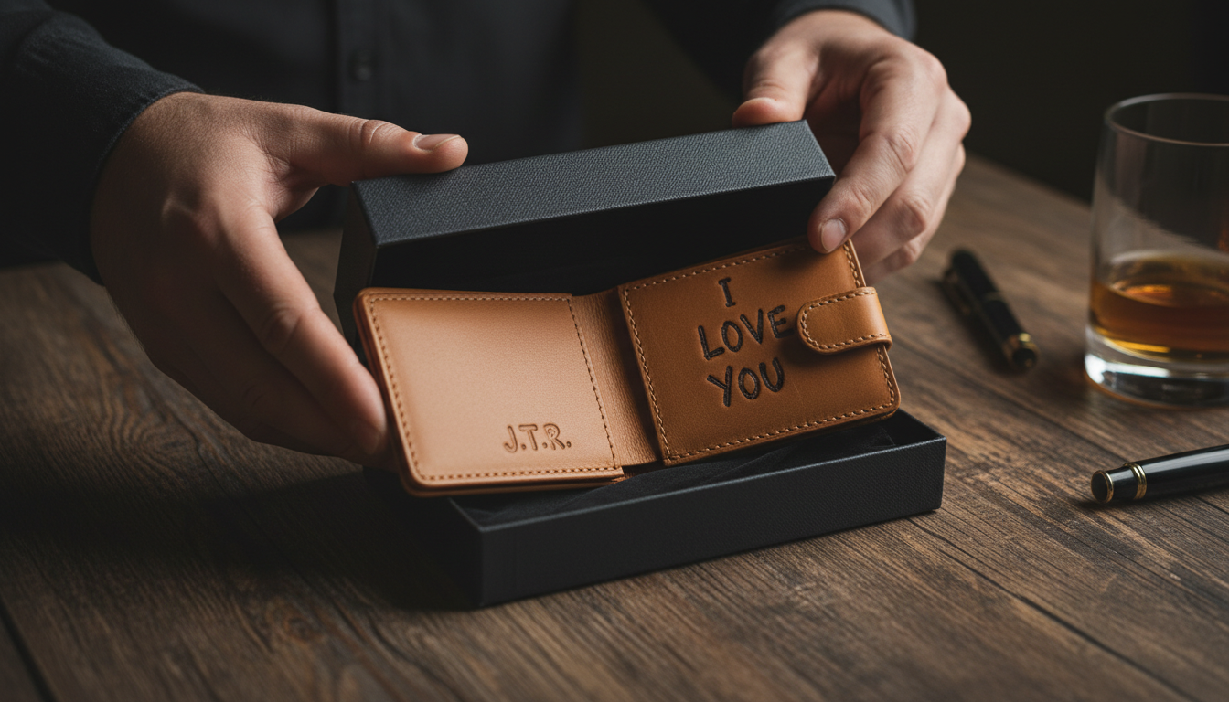 Man opening a personalized wallet