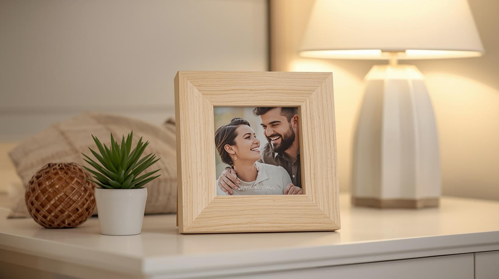 Minimalist wooden frame with sentimental couple photo.
