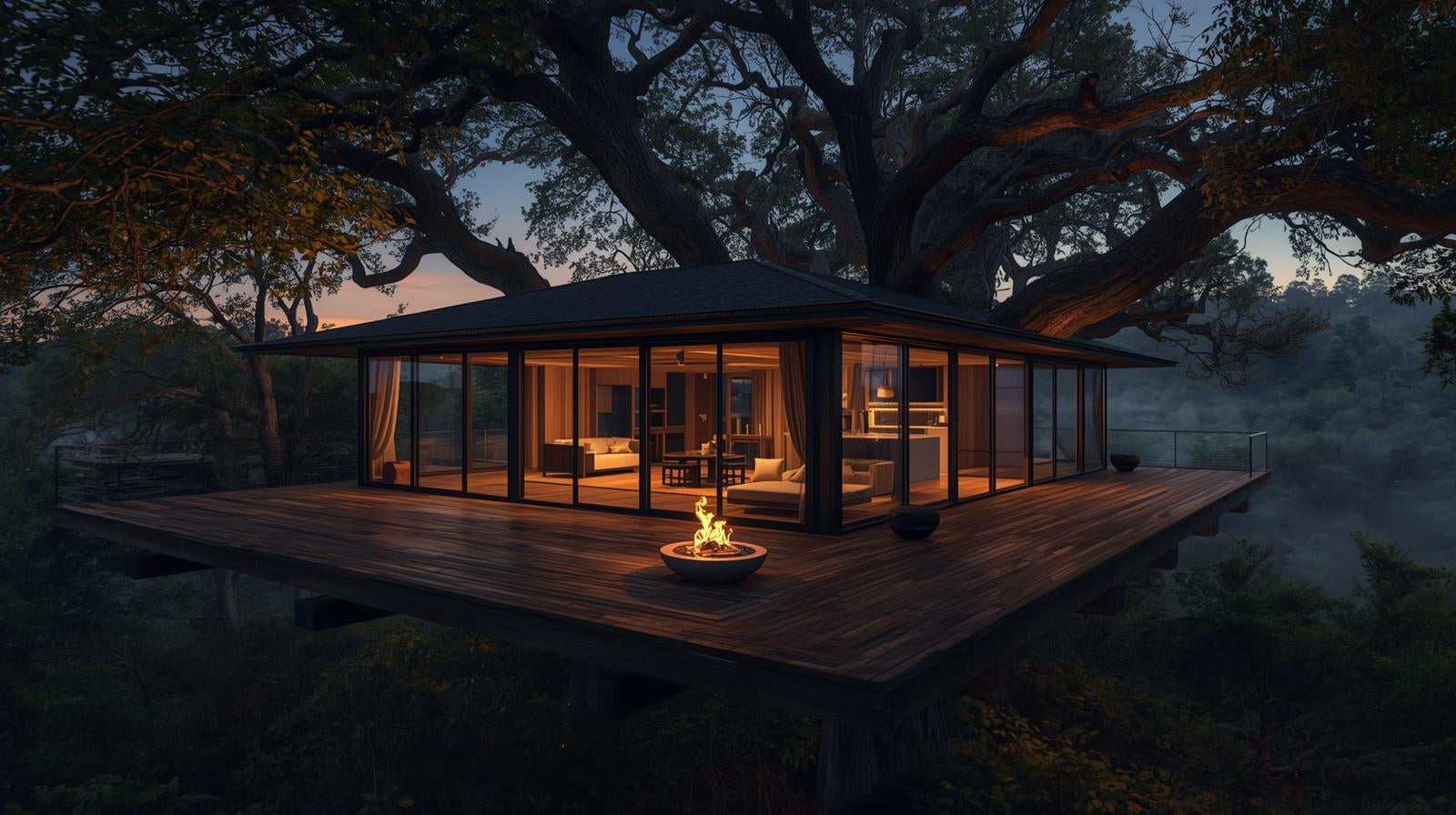 Modern luxury treehouse glowing at twilight