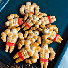 Muscle bread bunny and cat fridge magnets set display