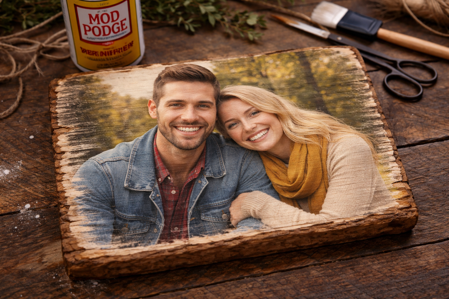 A photo printed on wood using Mod Podge