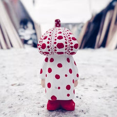Red and white polka dot pumpkin head wooden figurine front view