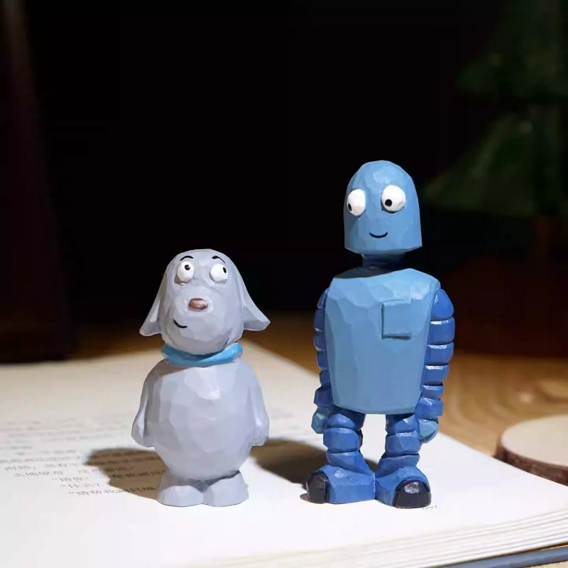 wooden robot and dog figurines inspired by Robot Dreams