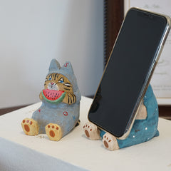 Sitting cat wooden phone holder, hand-painted