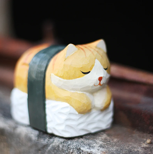 sushi sleeping cat sculpture wooden