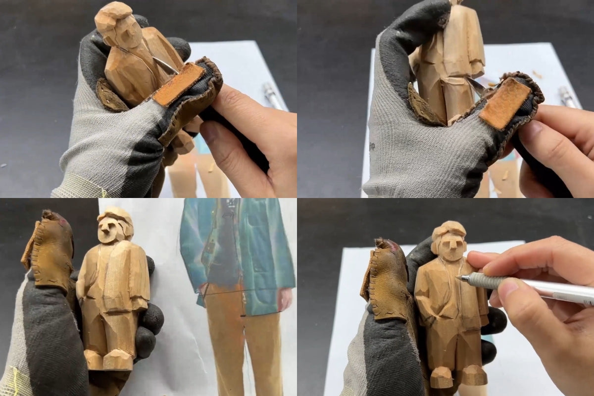 Step-by-step wood carving progress showcasing coat creases, fold lines, and body proportion references