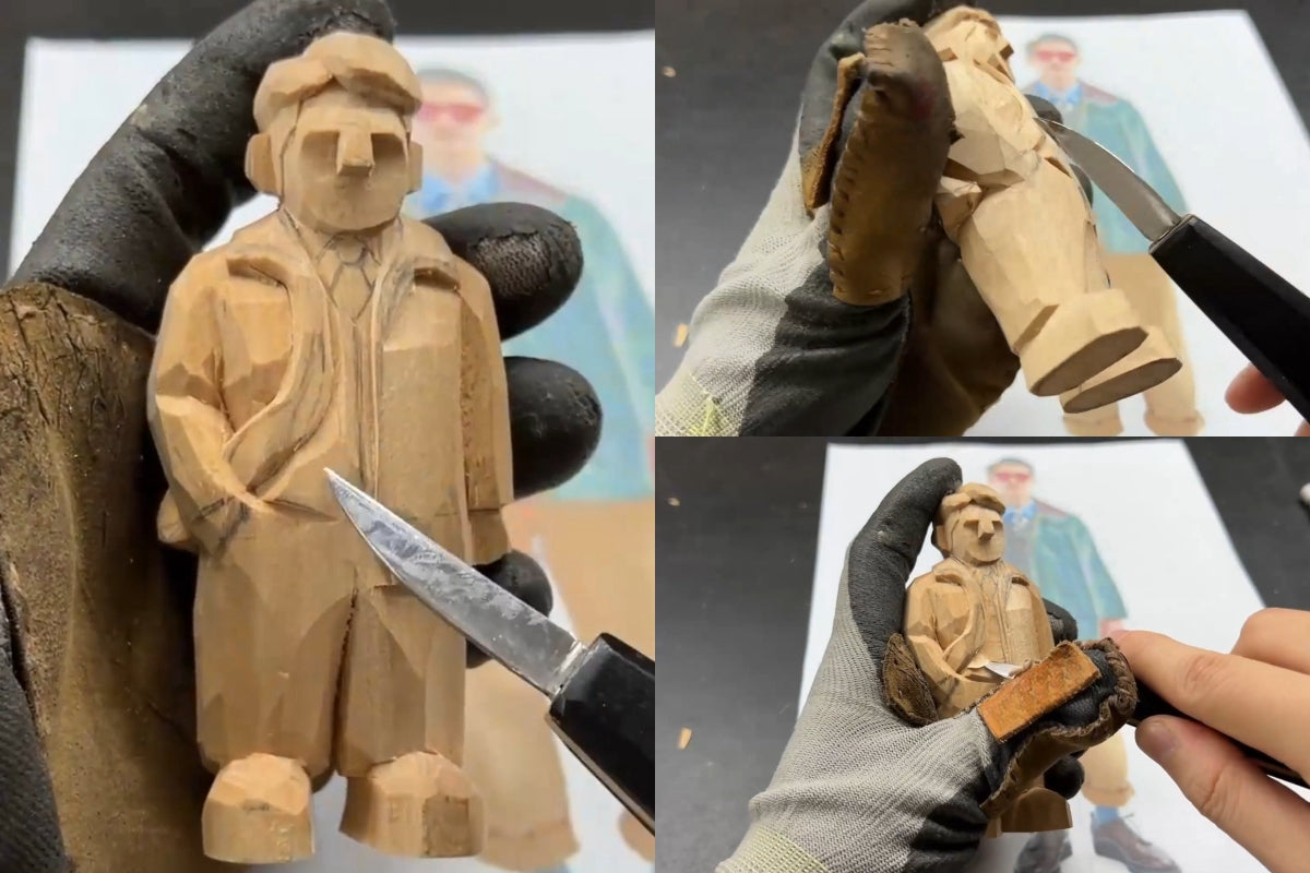 Deepening the vest section of a hand-carved wood figurine, illustrating how layered clothing is sculpted in wooden sculpture work.