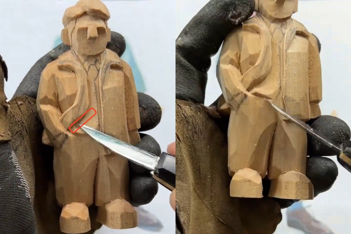 Shaping the belly curve and refining the pants of a carved wood figure to emphasize depth — a vital step in quality wood carving figures.