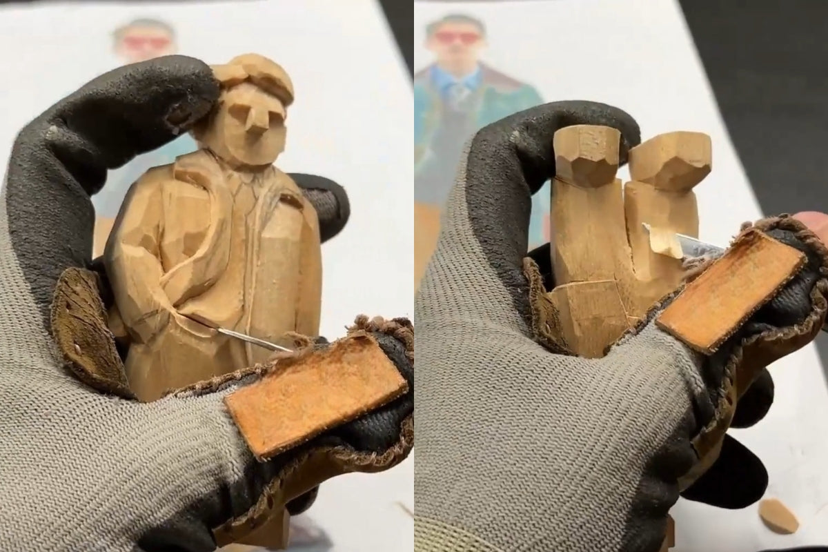 Highlighting the height contrast between shirt and pants by trimming a carved wooden figurine—refining details for lifelike Svn Futures  gifts.