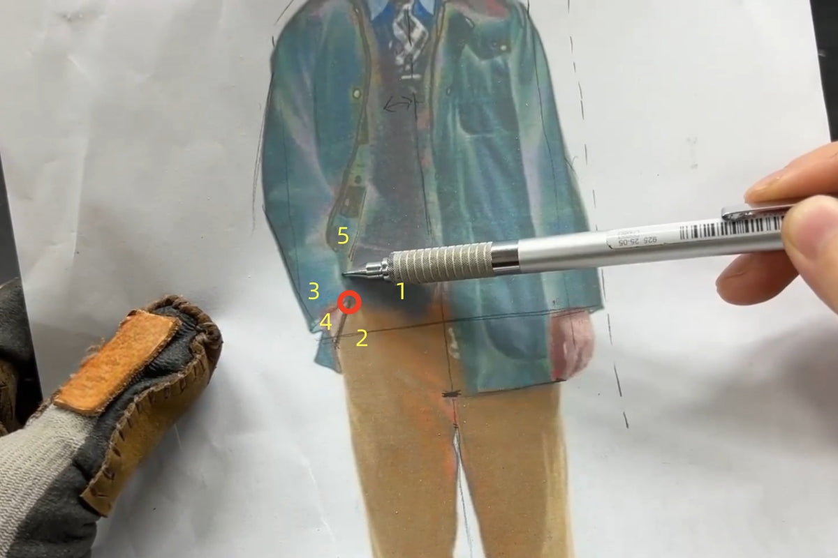 Pointing at reference image with five labeled intersection points to explain clothing part relationships in a woodcarving.