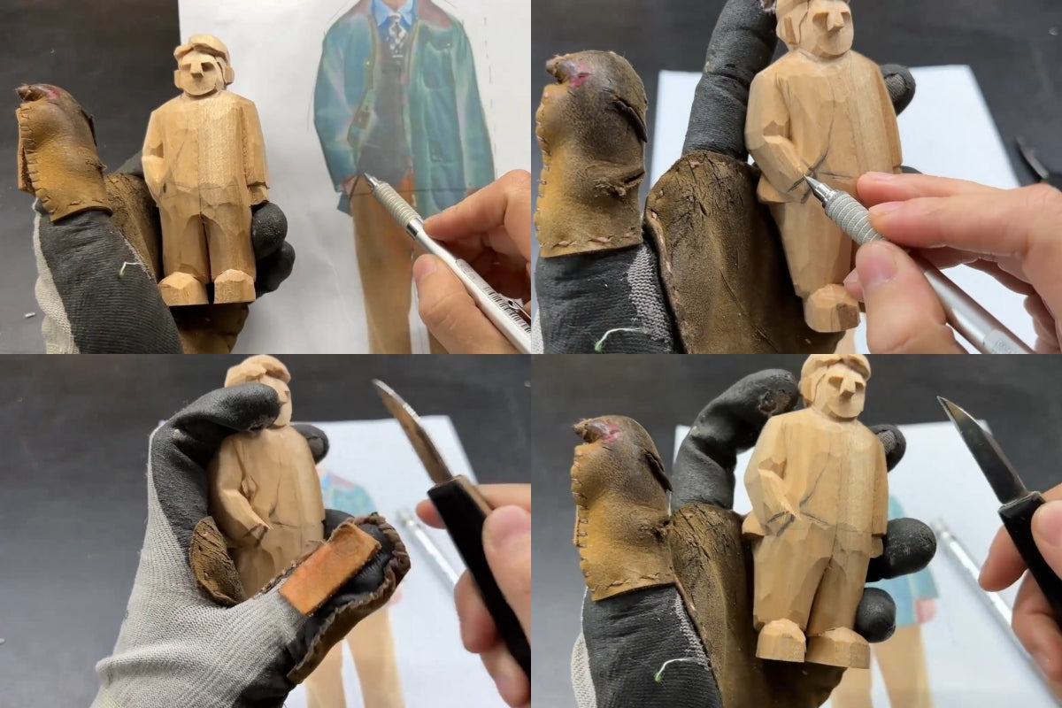 Four-step process showing carving and sketching on a wooden figurine using knives and reference photo.