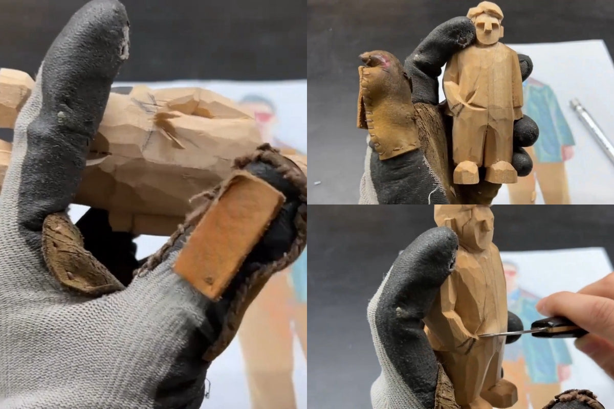 Progress collage showing detailed carving of a figure’s clothing lines and sculpting around the arm.
