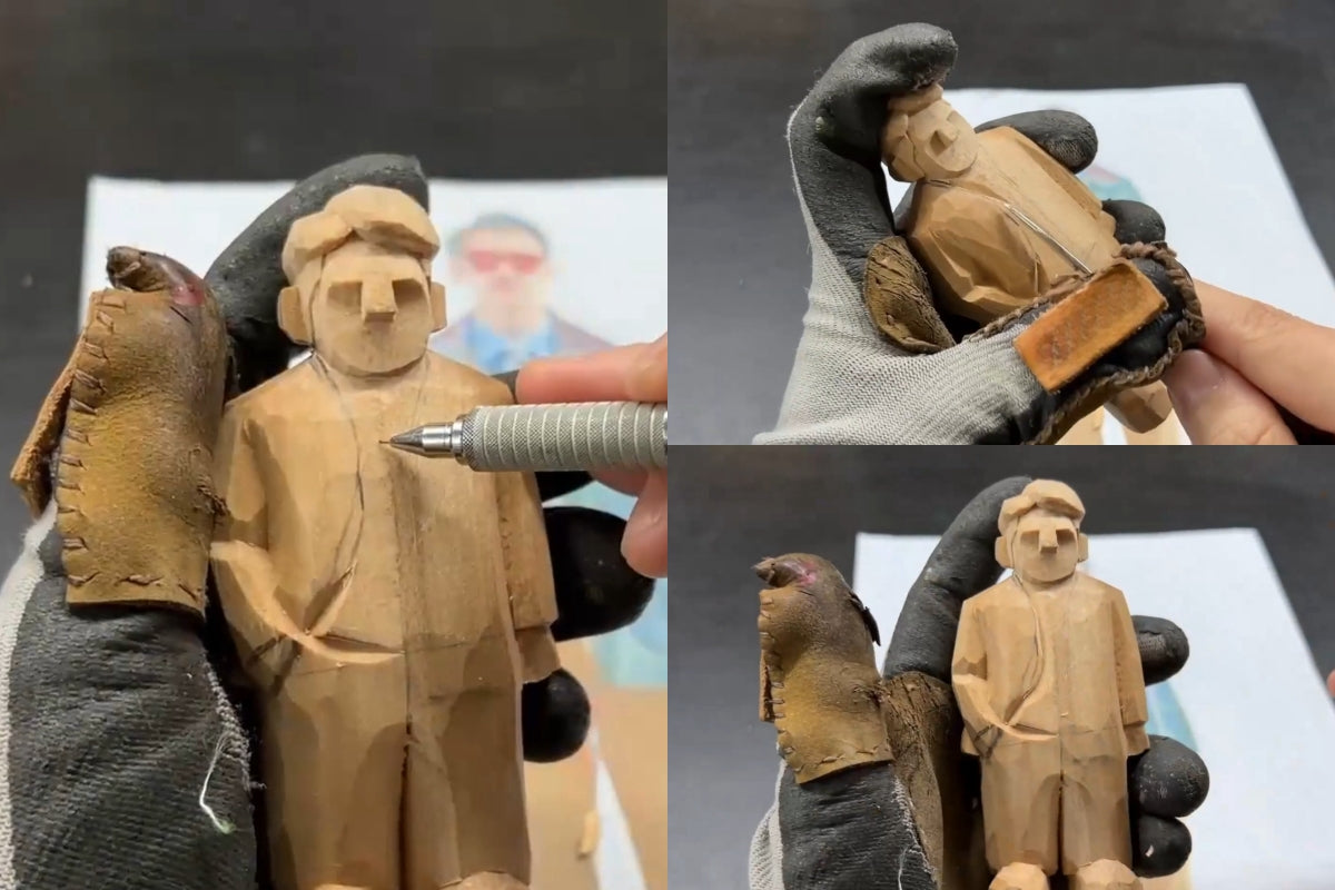 Side-by-side steps of refining coat and sleeve cuts on a wooden sculpture using pencil markings and carving knife.