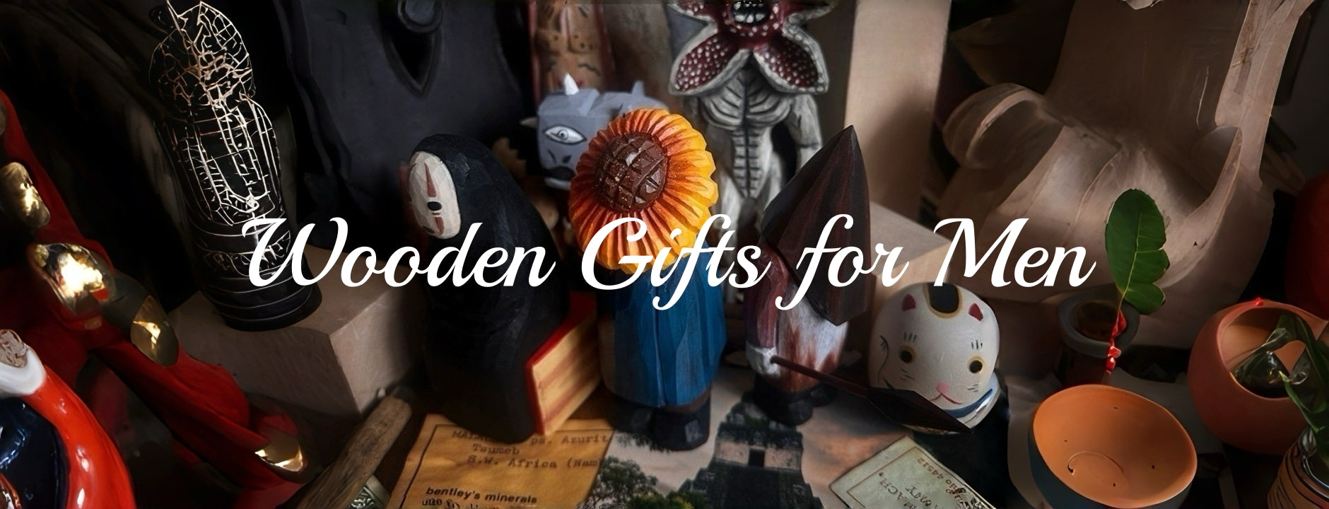 Collection of unique hand-carved wooden figurines, featured in the “Svn Futures  Gifts for Men” category banner to highlight thoughtful, artistic gift ideas.