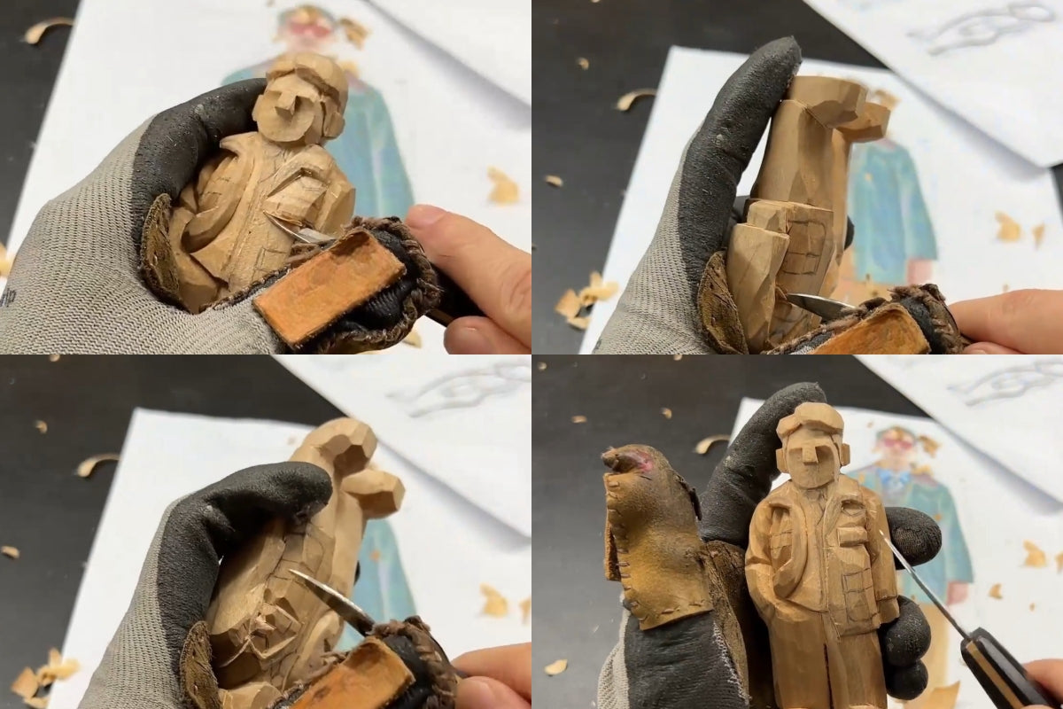 Hand-carving upper clothing pockets on a wooden figurine to add realistic surface layering.
