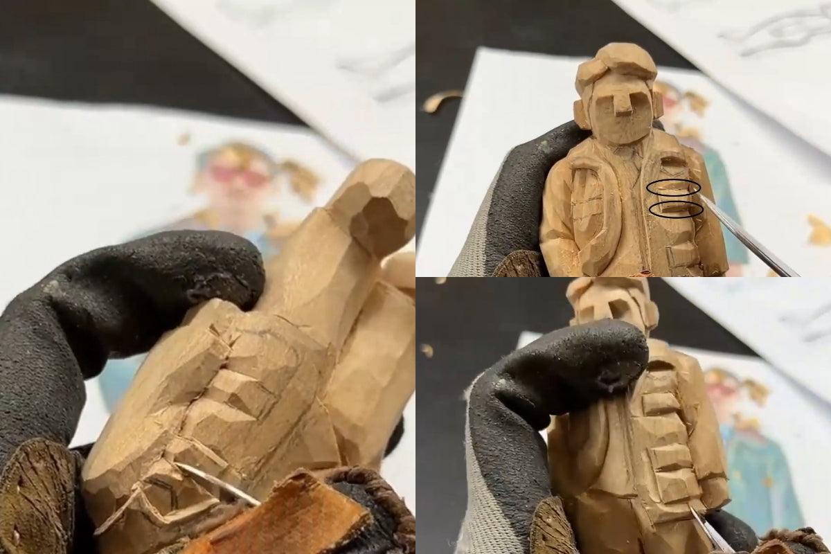 Demonstrating detailed carving of shallow and deep lines to sculpt flipped wooden pockets.