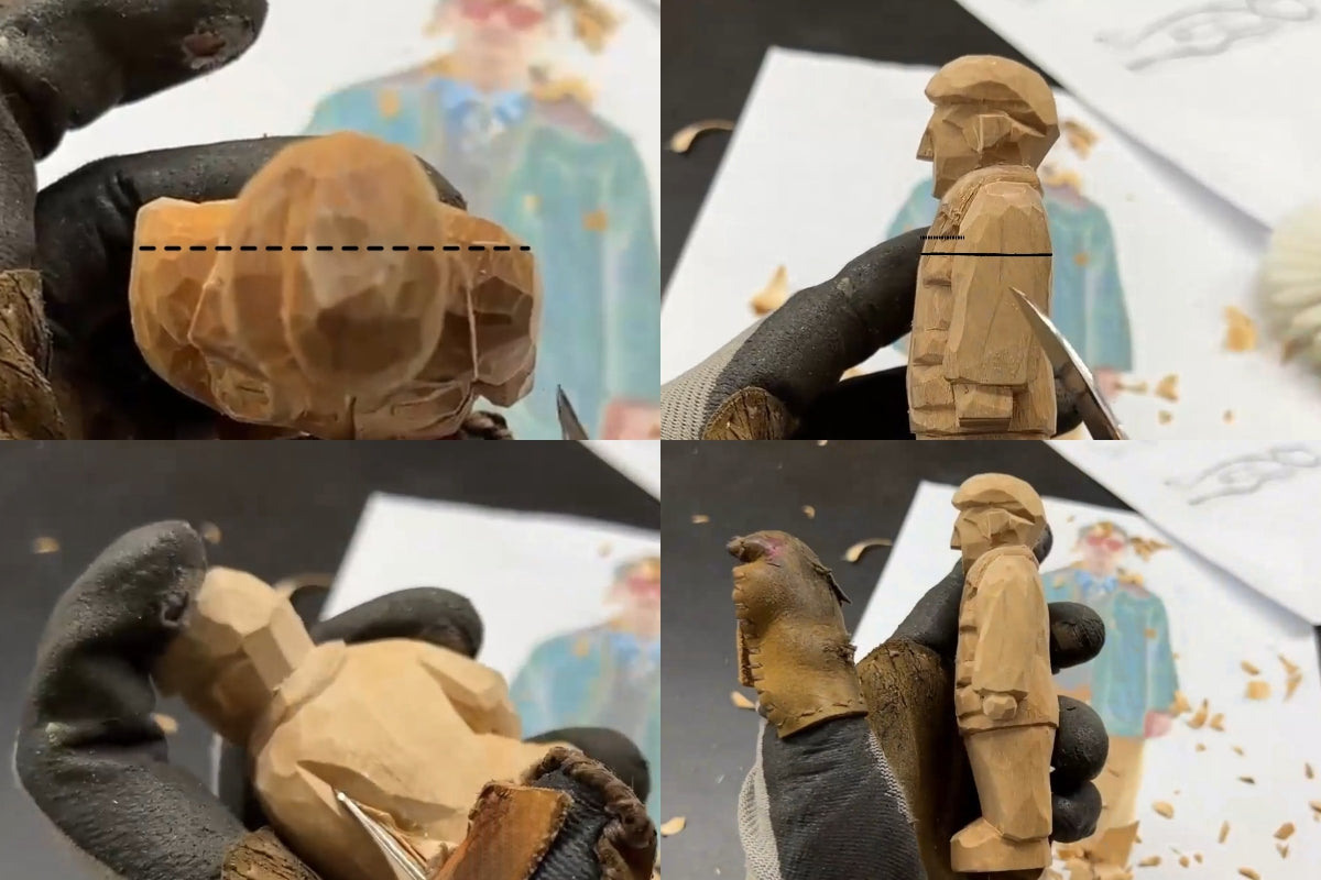 Adjusting arm position and finalizing figurine shape with rounded hand and tucked clothing details.