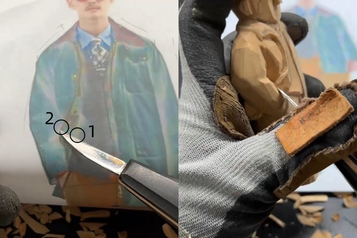 Close‑up of a wood figurine being carved, showing the jacket edge and arm transition as the carver refines the fold direction—an example of shaping clothing movement in Svn Futures  gifts and wood carving figures.
