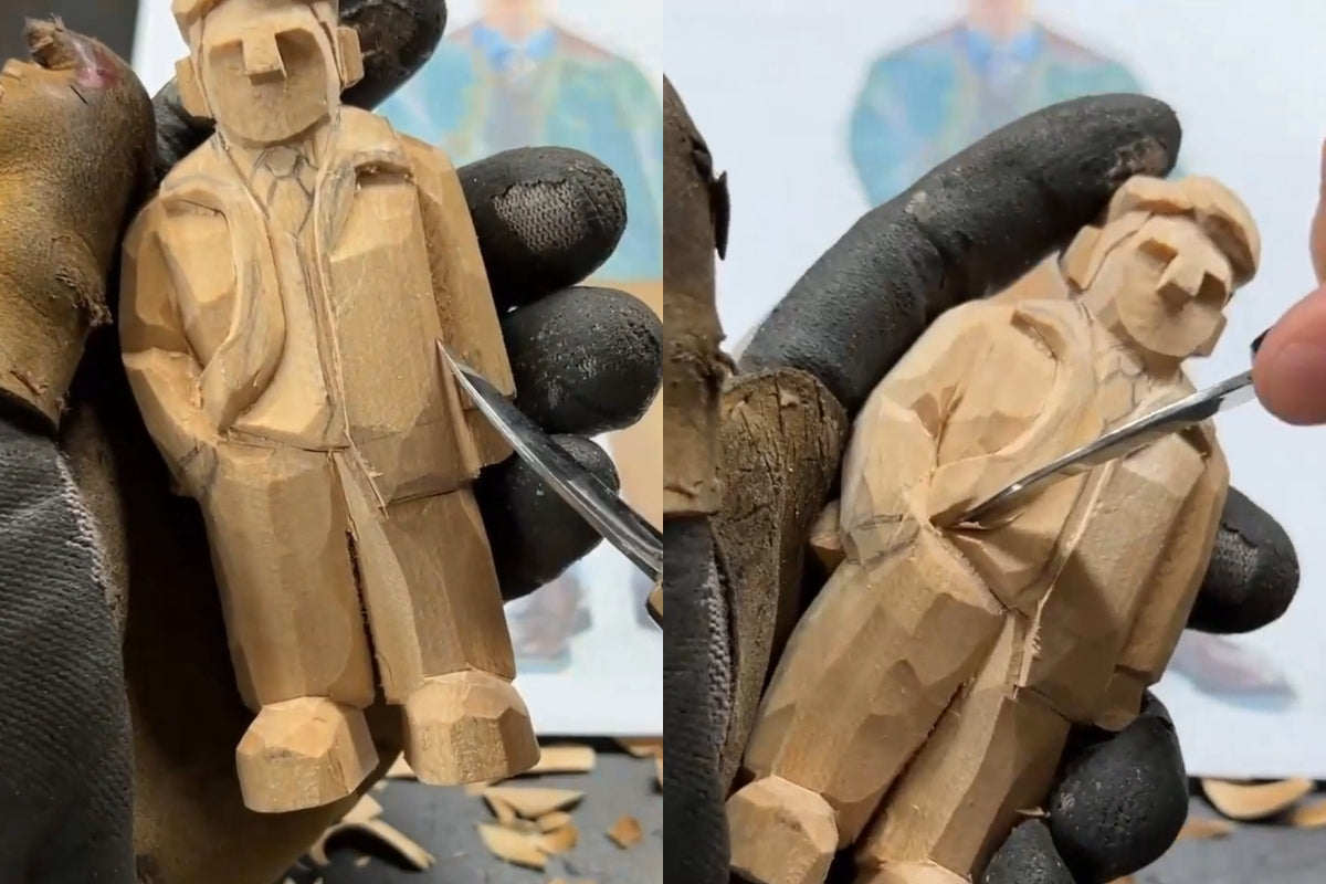 Hand‑carving the vest and jacket area of a wooden figurine, with a deeper stop‑cut to make the vest look tucked under the coat—demonstrating detailed wooden sculpture clothing work.