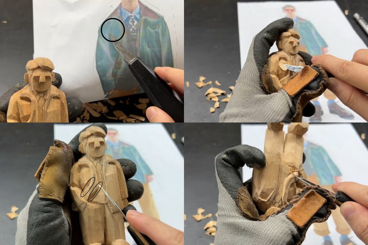 Carver shaping the sleeve seam and smoothing the flipped fabric edge on a wood figurine to express natural fabric motion, enhancing realism in carved wooden details.