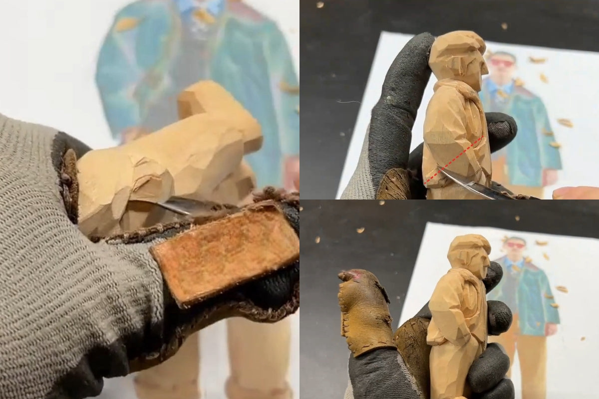 Side view of a wooden figurine as the carver extends the jacket seam onto the back, carving a downward‑sloping line to show gravity and garment flow in wood figures.