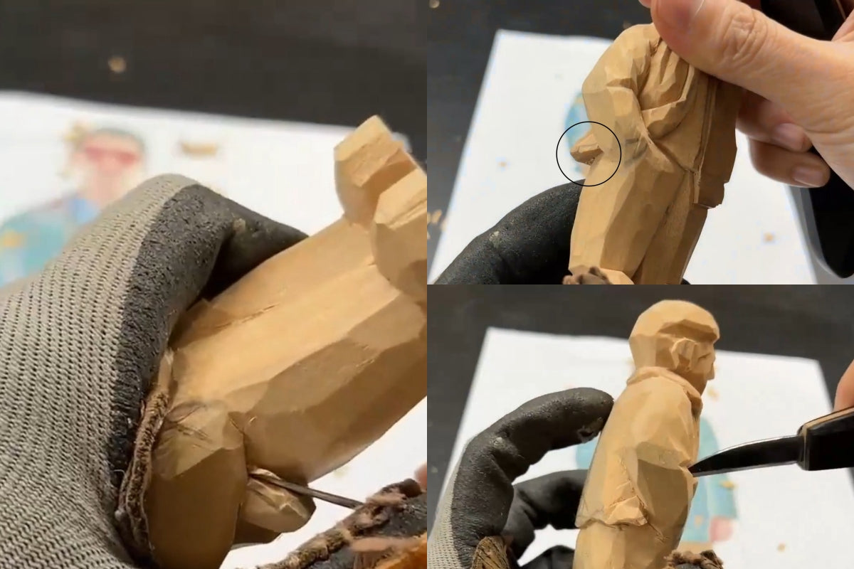 Carving the back side of a wood figurine, adding a slight floating angle between jacket and pants and checking front‑back alignment for consistent wooden figurine proportions.