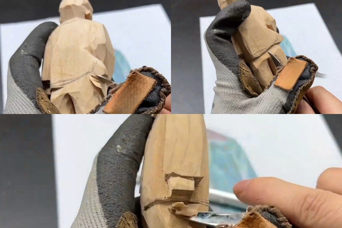 Carving the back of a wooden figure to connect folds between vest, coat, and pants for realistic wooden statue layering.