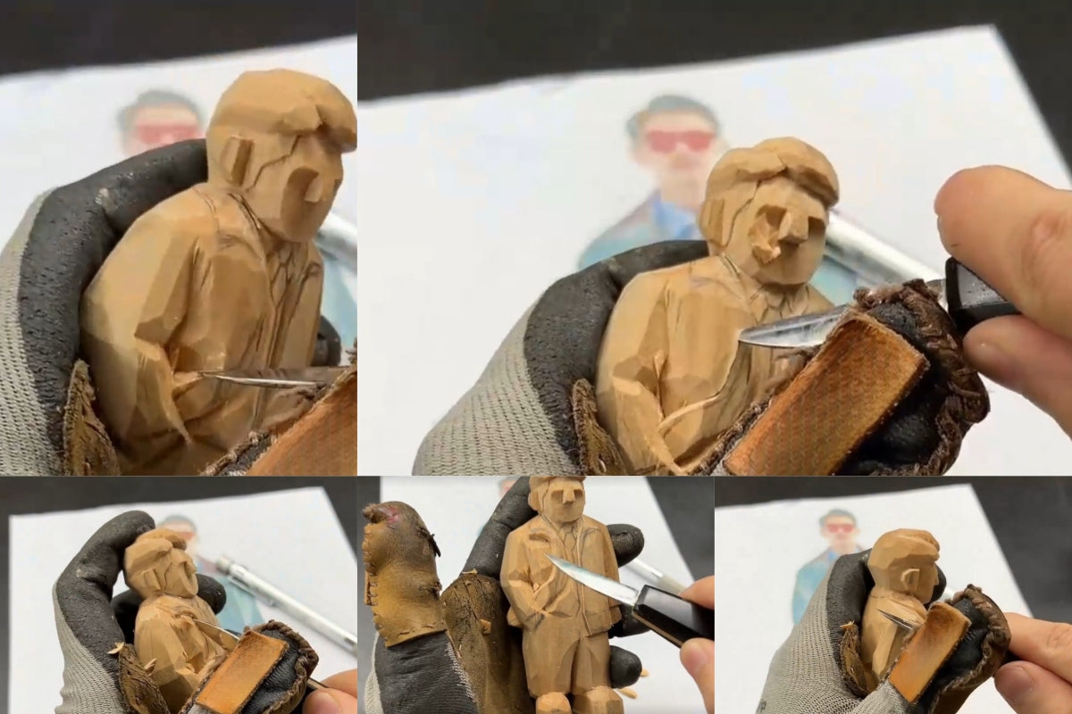 Using carving tools to define height difference between the torso and collar on a detailed wooden carving.