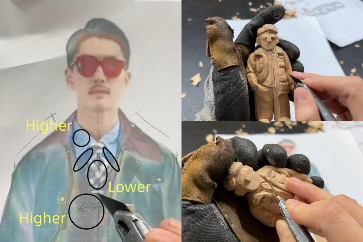 A photo reference guides the layering of shirt, vest, and tie for sculpting a hand-carved wooden figurine.