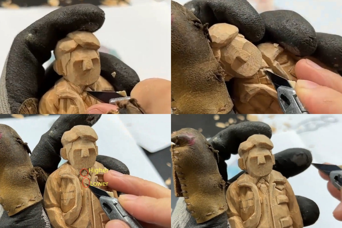 Using precision cuts to shape the tie area on a wood carved figurine, highlighting fine detailing in tight spaces.