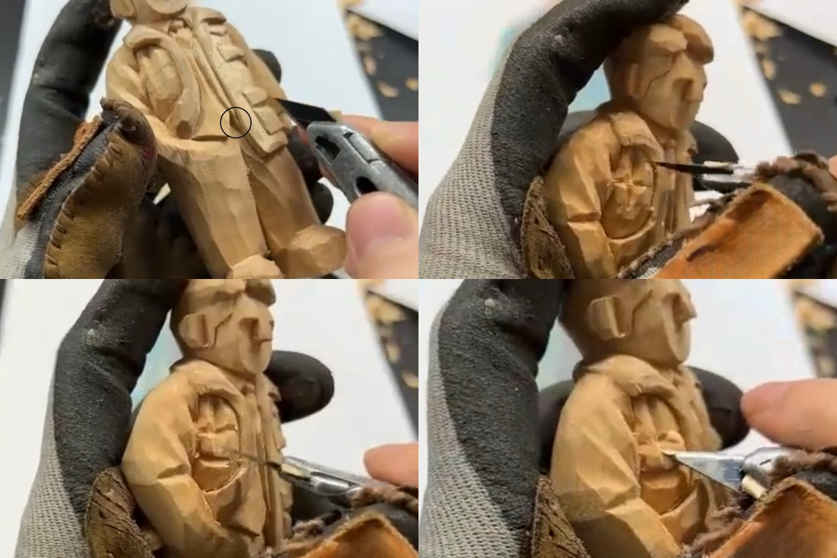 Sculpting the left pocket and smoothing shirt-to-jacket transitions on a wood carving figure for a refined wooden sculpture.